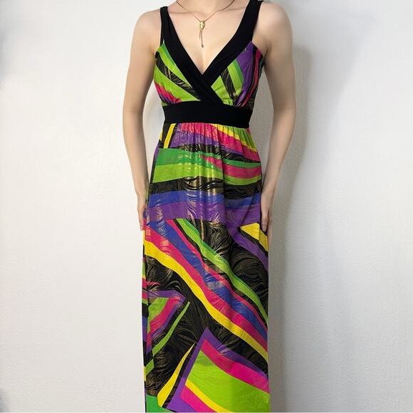 Y2K Multi-Color Striped Maxi Sun Dress with Waist Tie V-Neck Resort - Picture 1 of 8